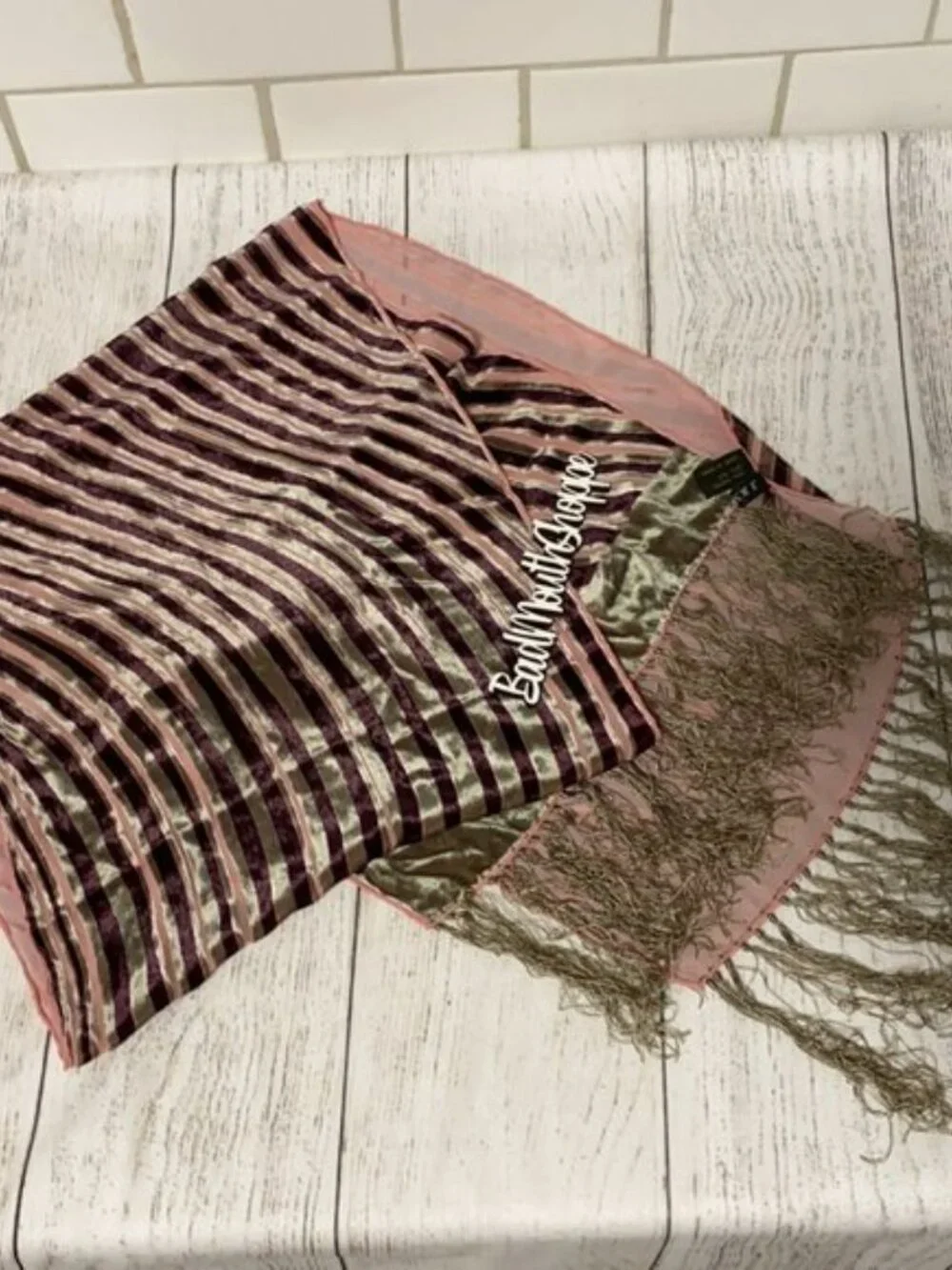 Vintage 90s 00s Pink Maroon Velvet Silk Elegant Formal Scarf with Fringe